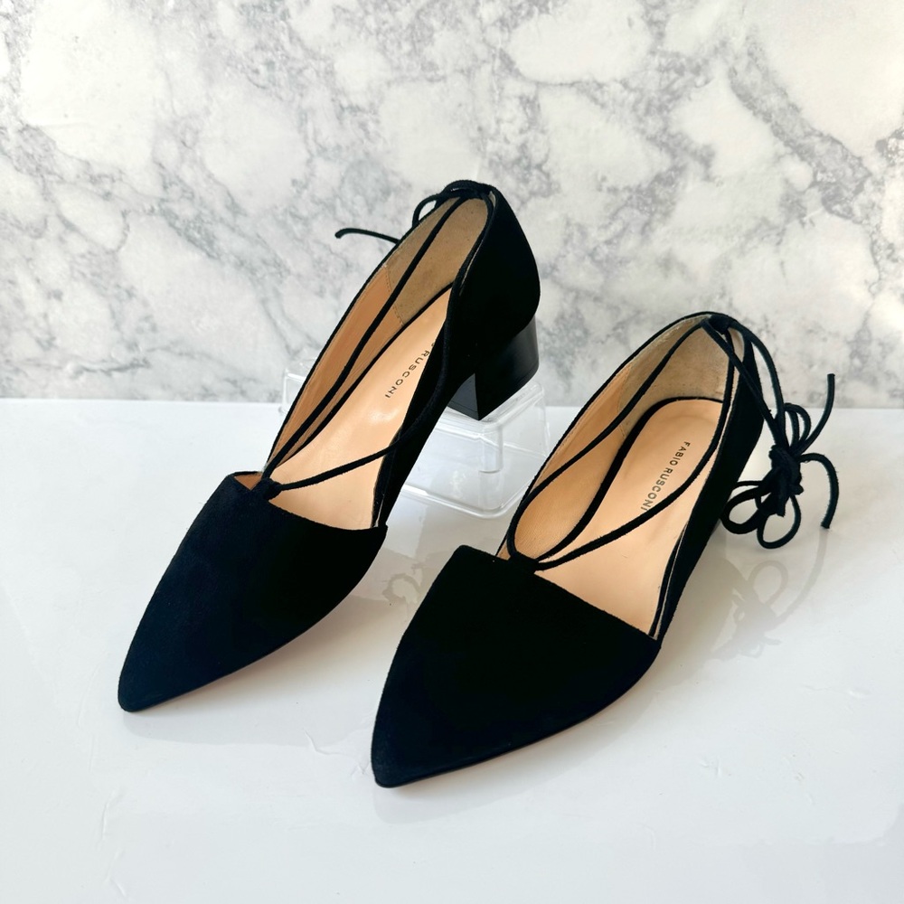 Fabio Rusconi Fabio Black Suede D'Orsay Lace up Block Heel Pumps